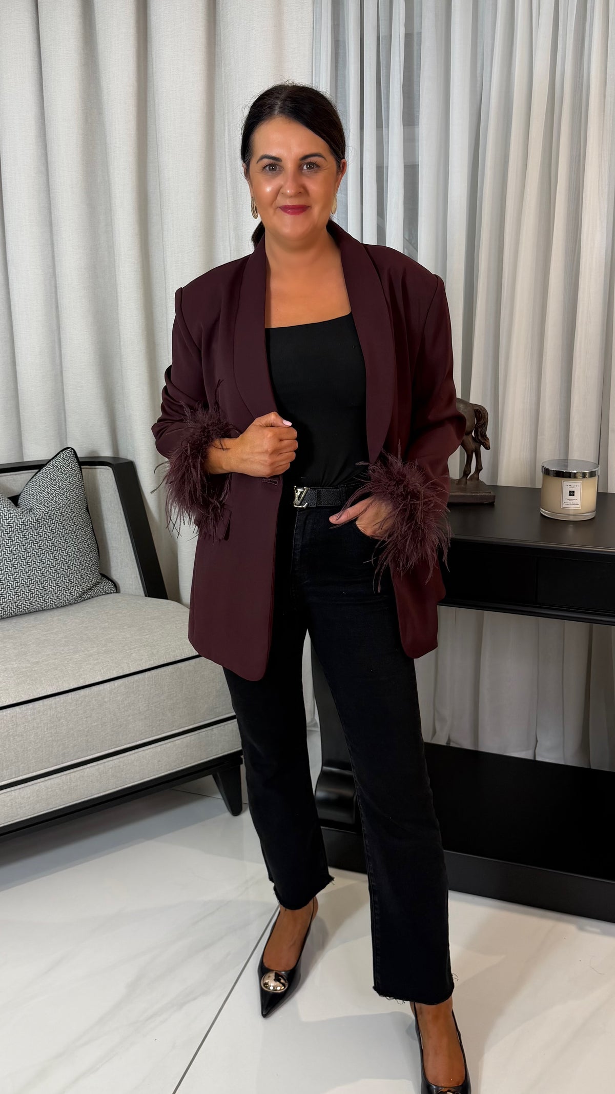 Oversized Plum Feather Trim Blazer