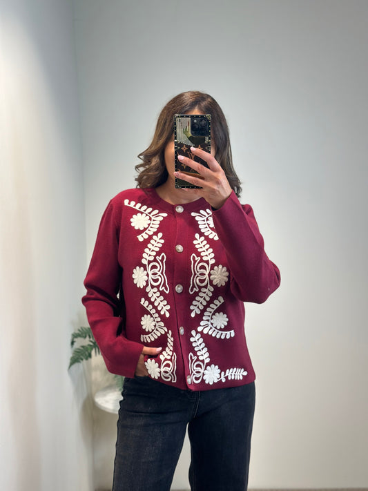 Wine Cardigan with Cream Detail