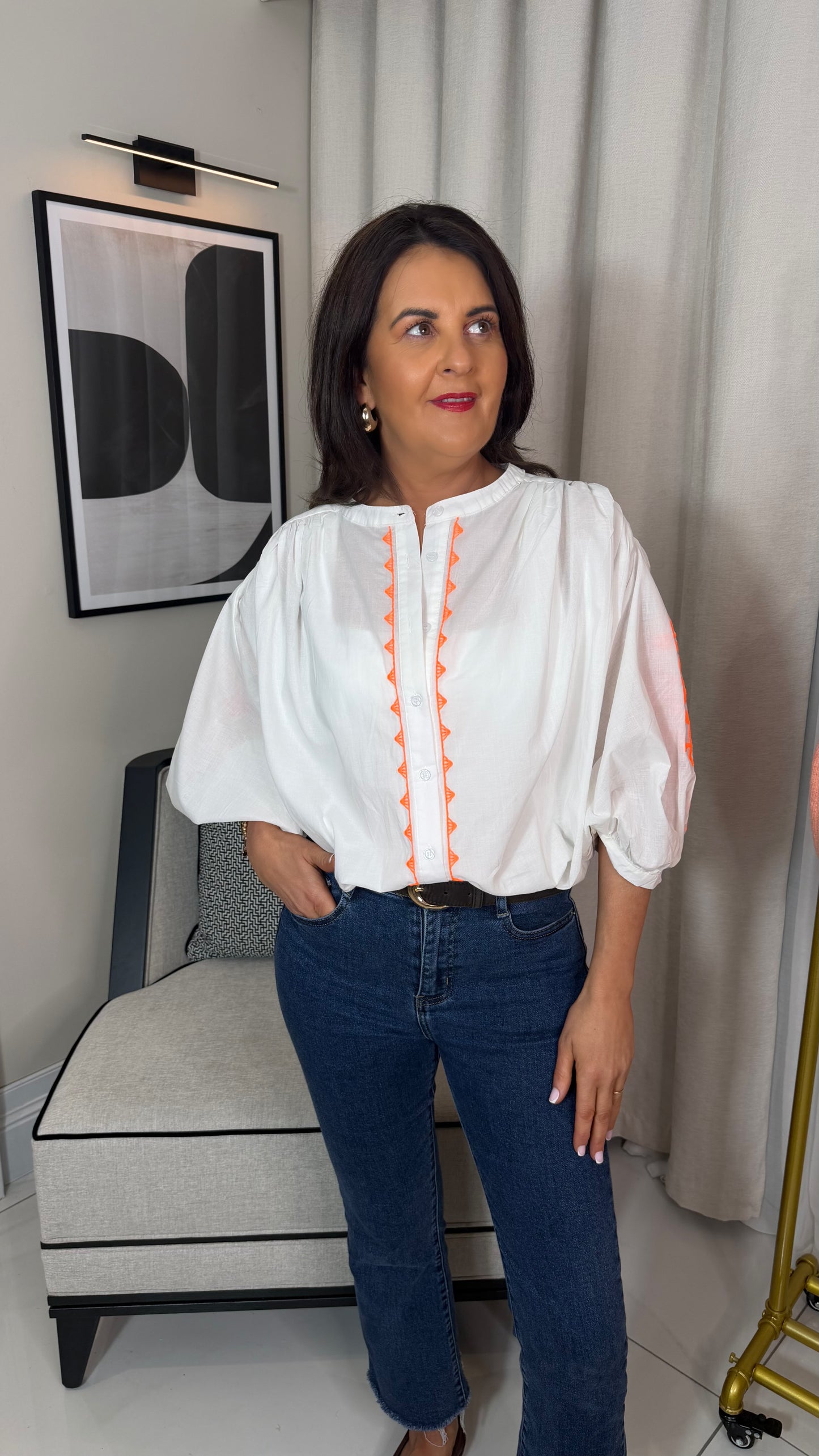 White Oversized Blouse with Orange Details