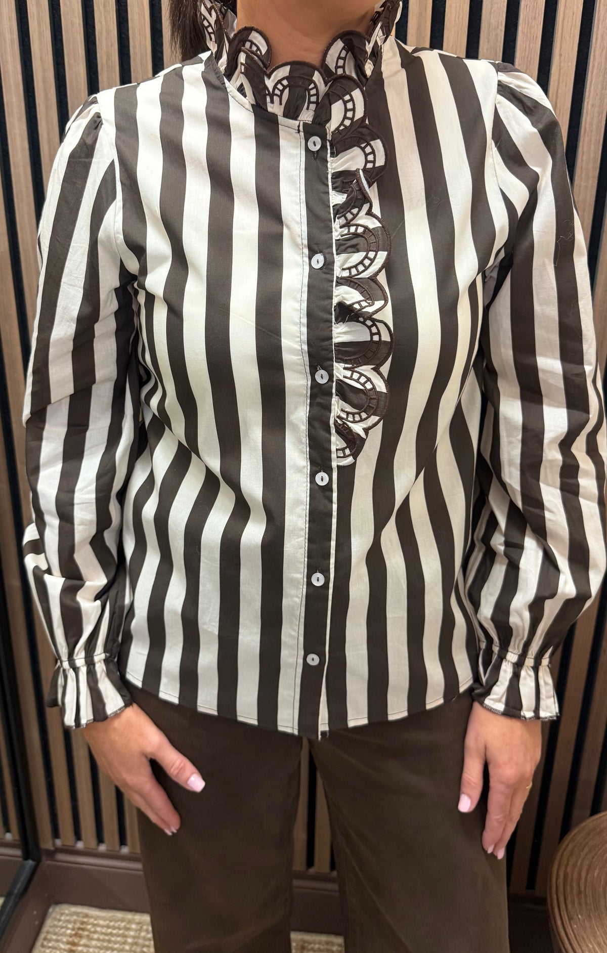Brown & Cream Striped Ruffle Blouse