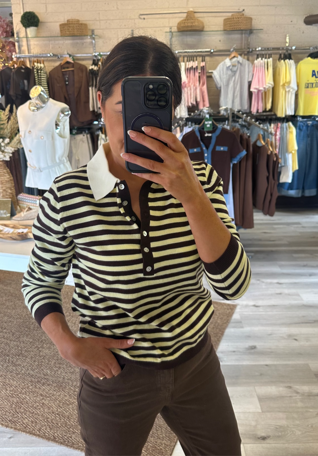 Striped Polo Top- Yellow & Brown