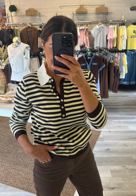 Striped Polo Top- Yellow & Brown