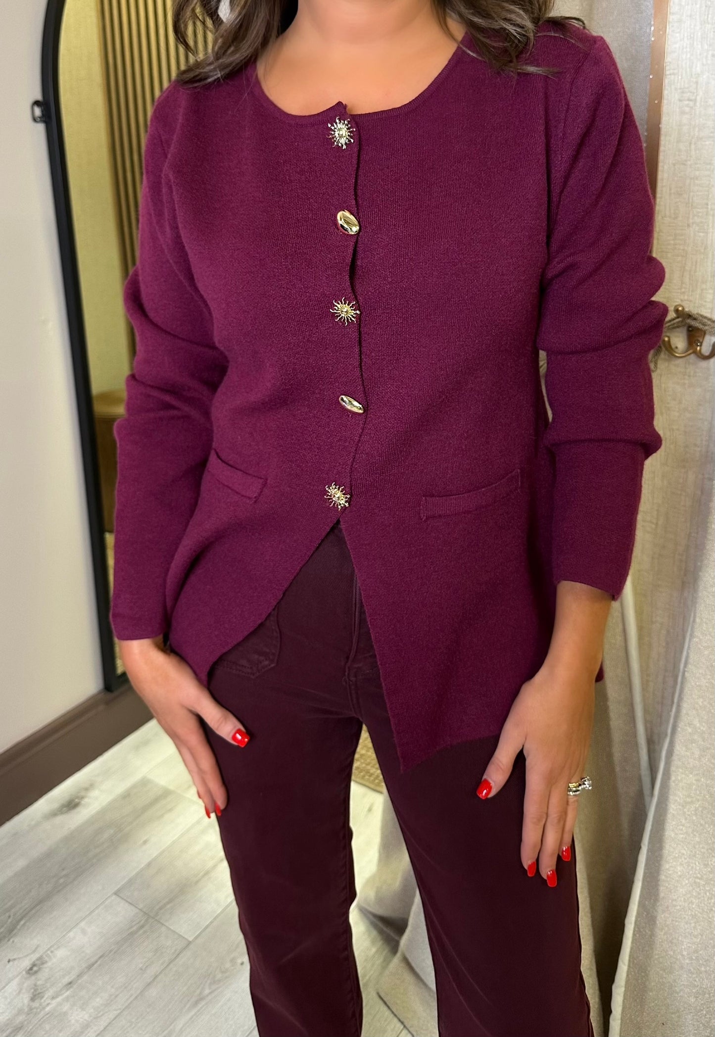 Wine Cardigan with Gold Buttons