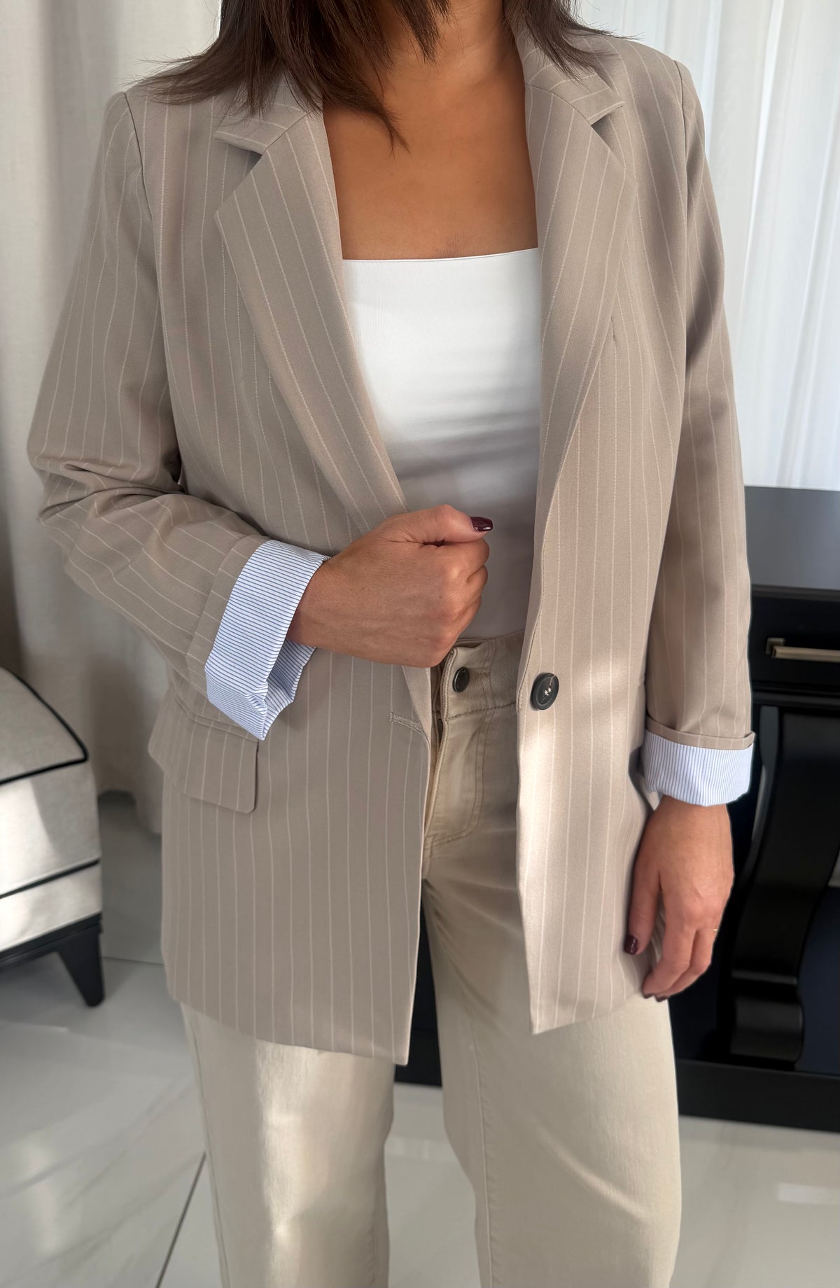 Brooke Beige Pinstripe Single Breasted Blazer
