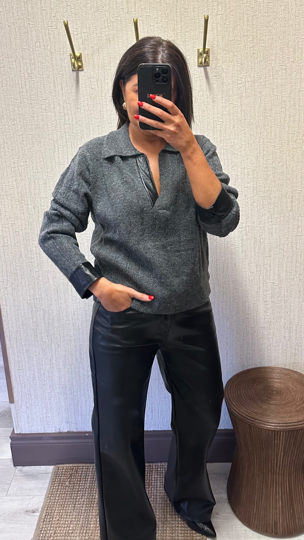 Grey Sweater with Faux Leather Details