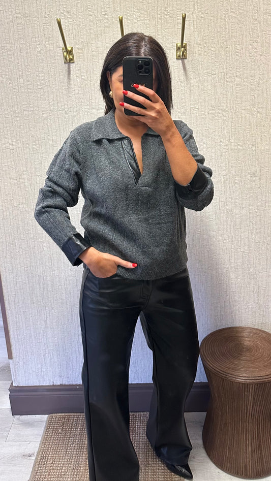 Grey Sweater with Faux Leather Details