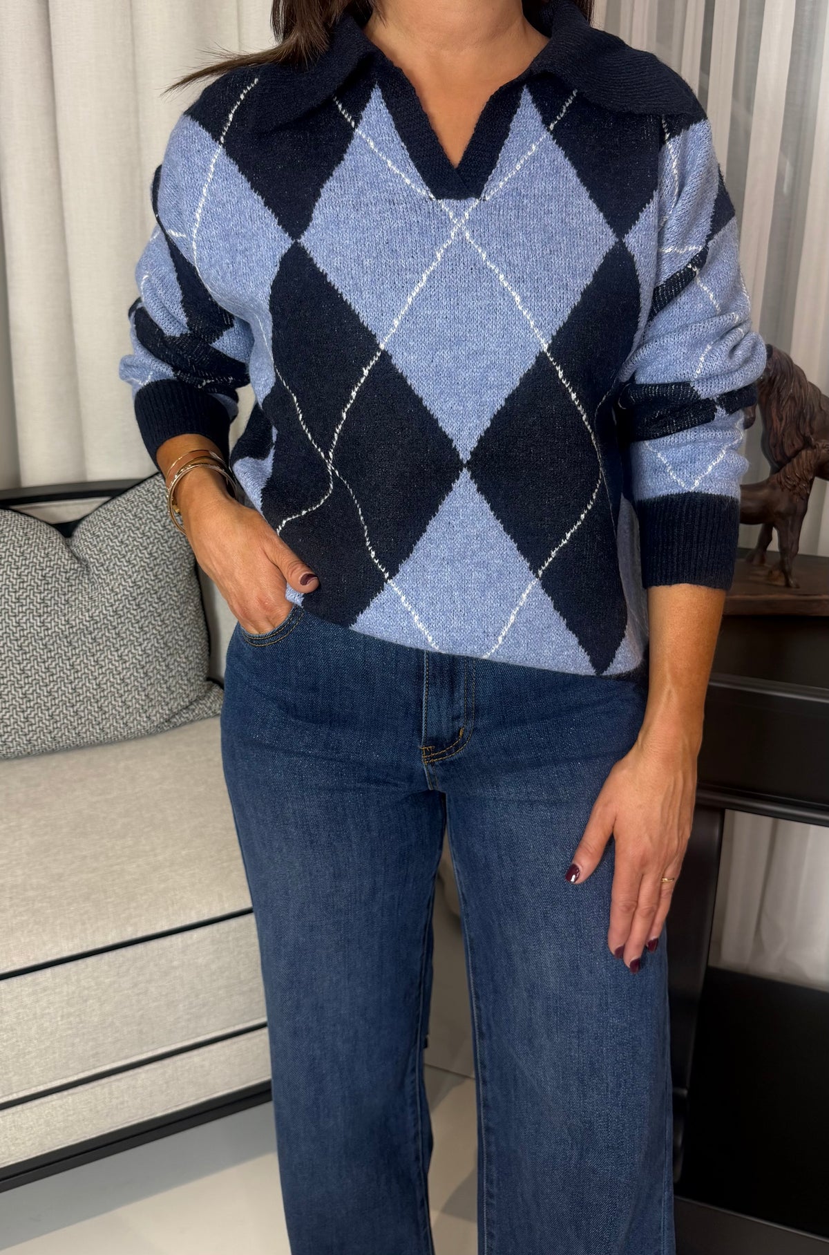 Blue & Navy Argyle Polo Knit