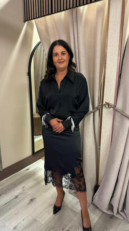 Black Satin Shirt with Pearl Detail