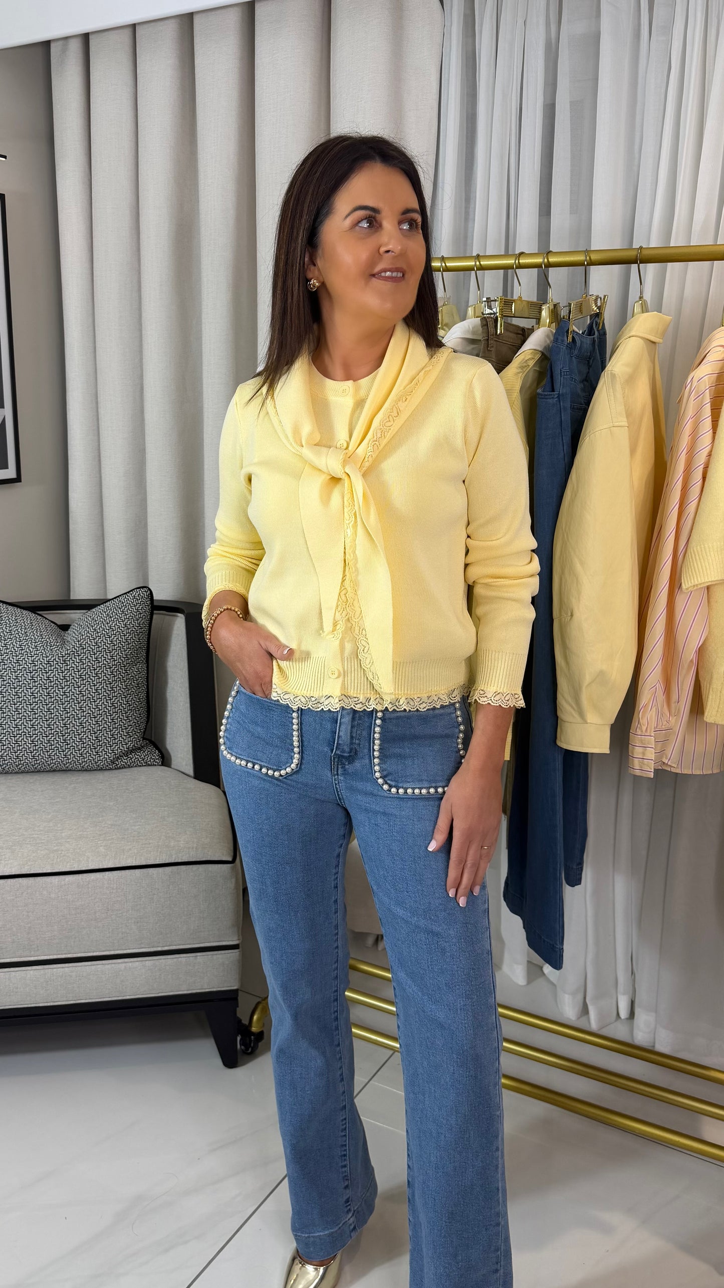 Lemon Lace Trim Cardigan with Scarf