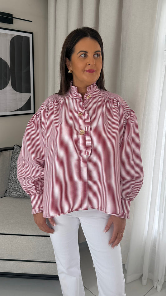 Red Ruffle Pinstriped Blouse