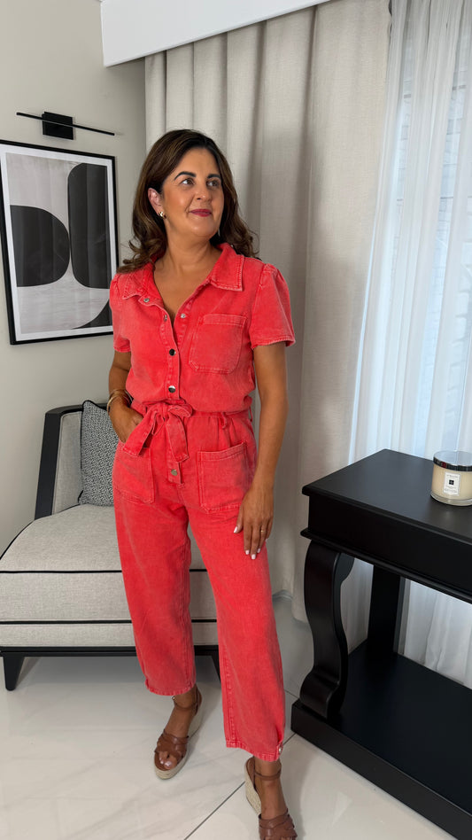 Red Denim Jumpsuit