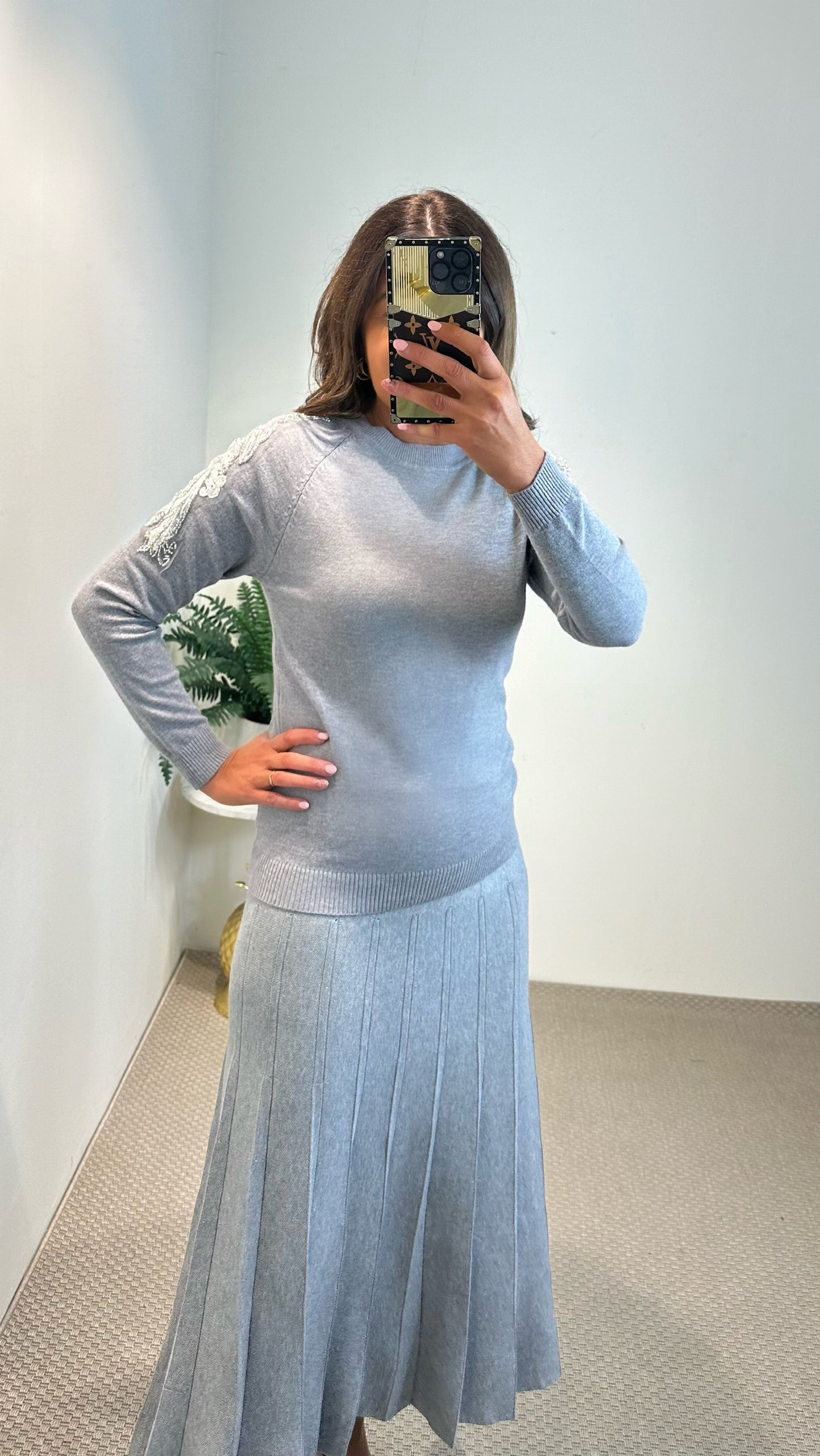 Grey Fine Embellished Knit Jumper