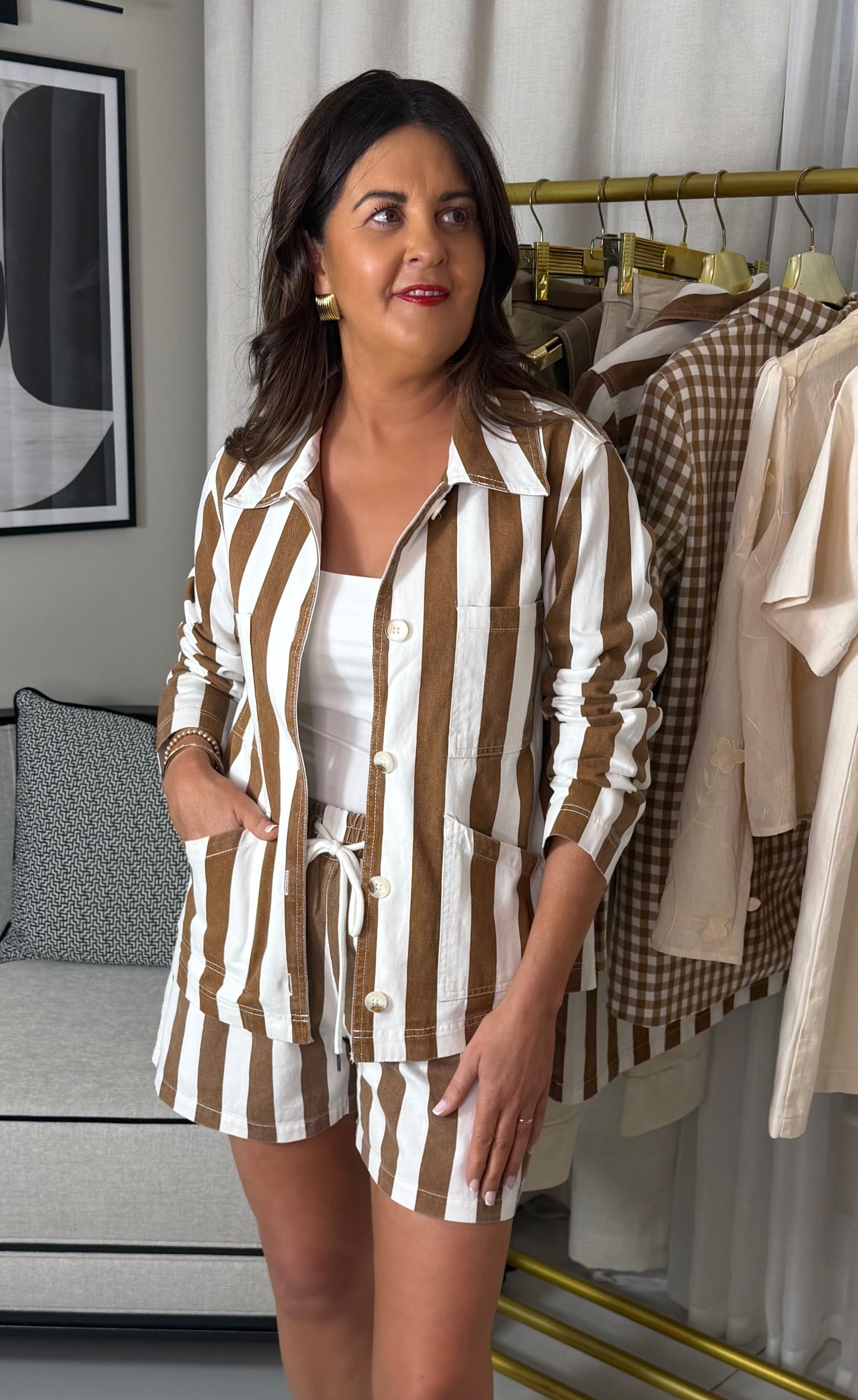 Tan & White Striped Denim Shirt