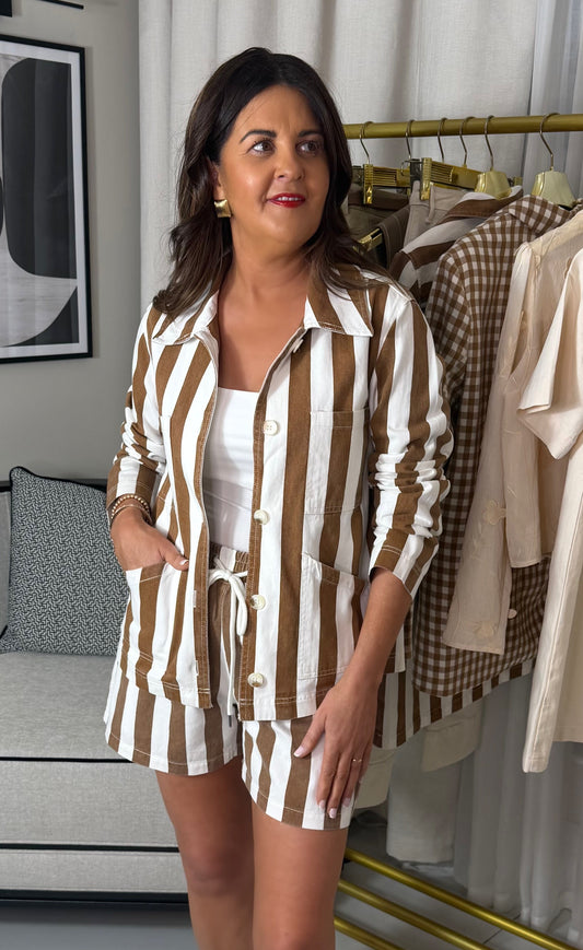 Tan & White Striped Denim Shirt