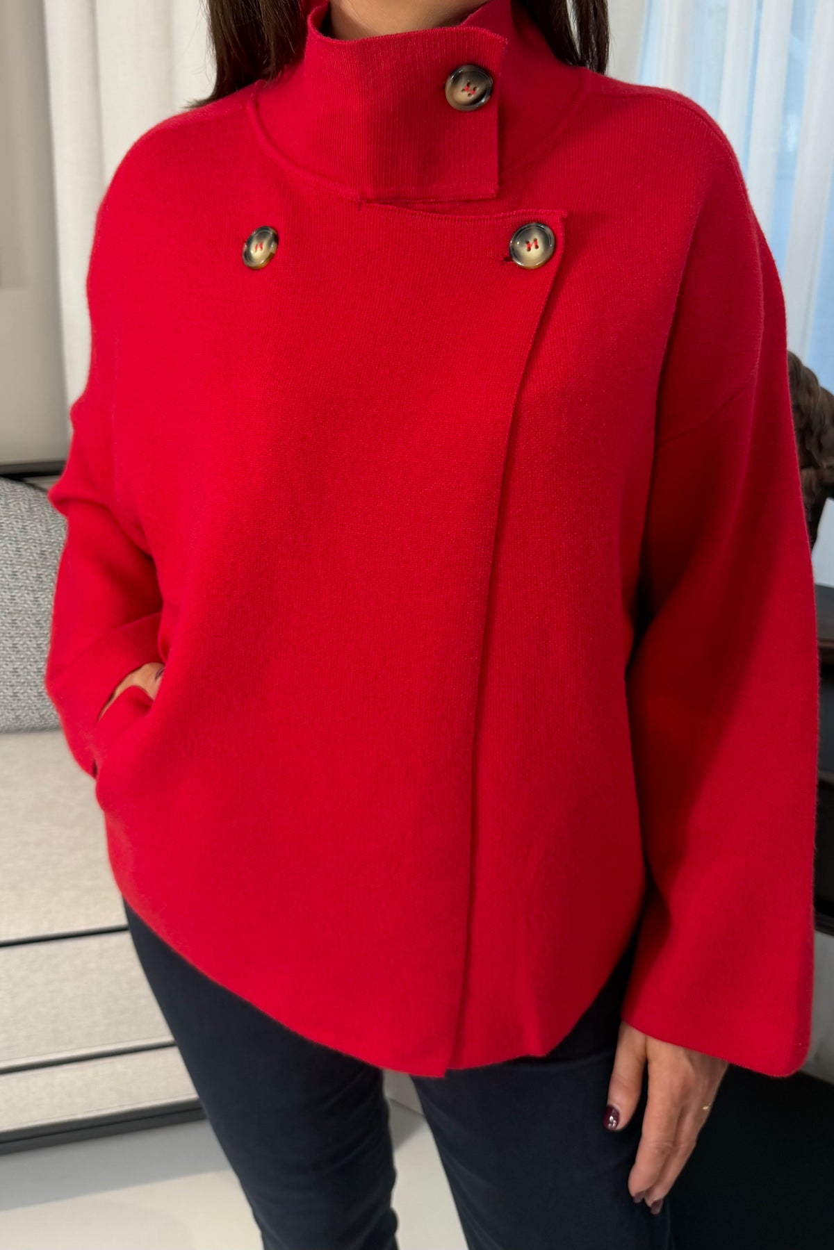 Red Funnel Neck Cardigan
