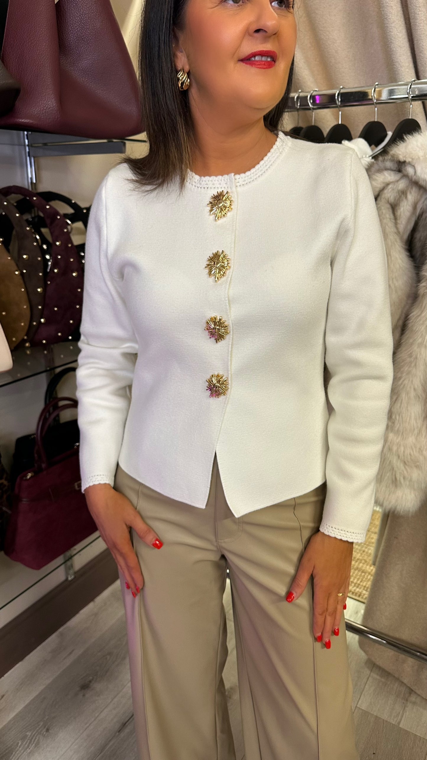White Cardigan with Gold Statement Buttons