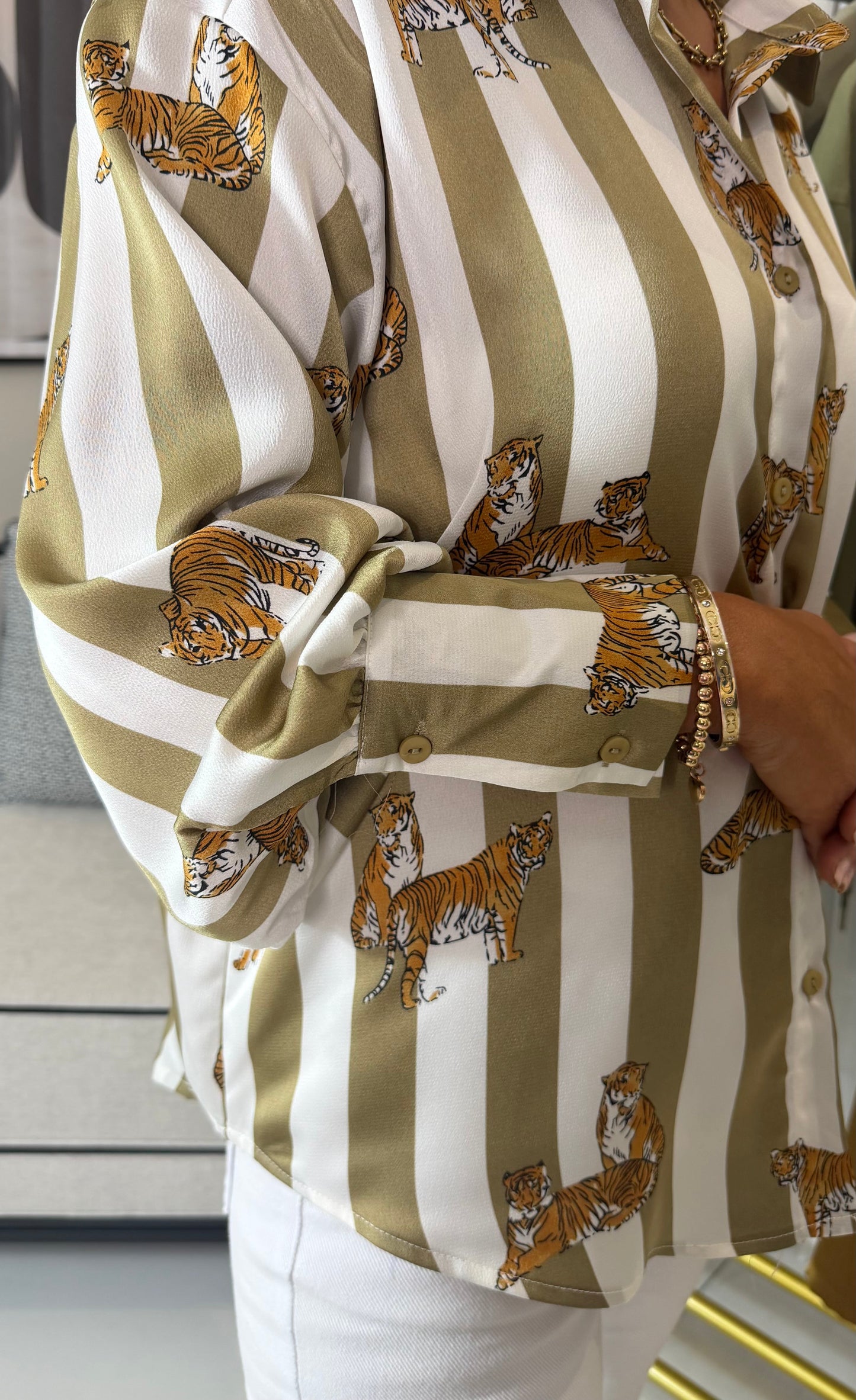 Green Striped Tiger Print Satin Shirt