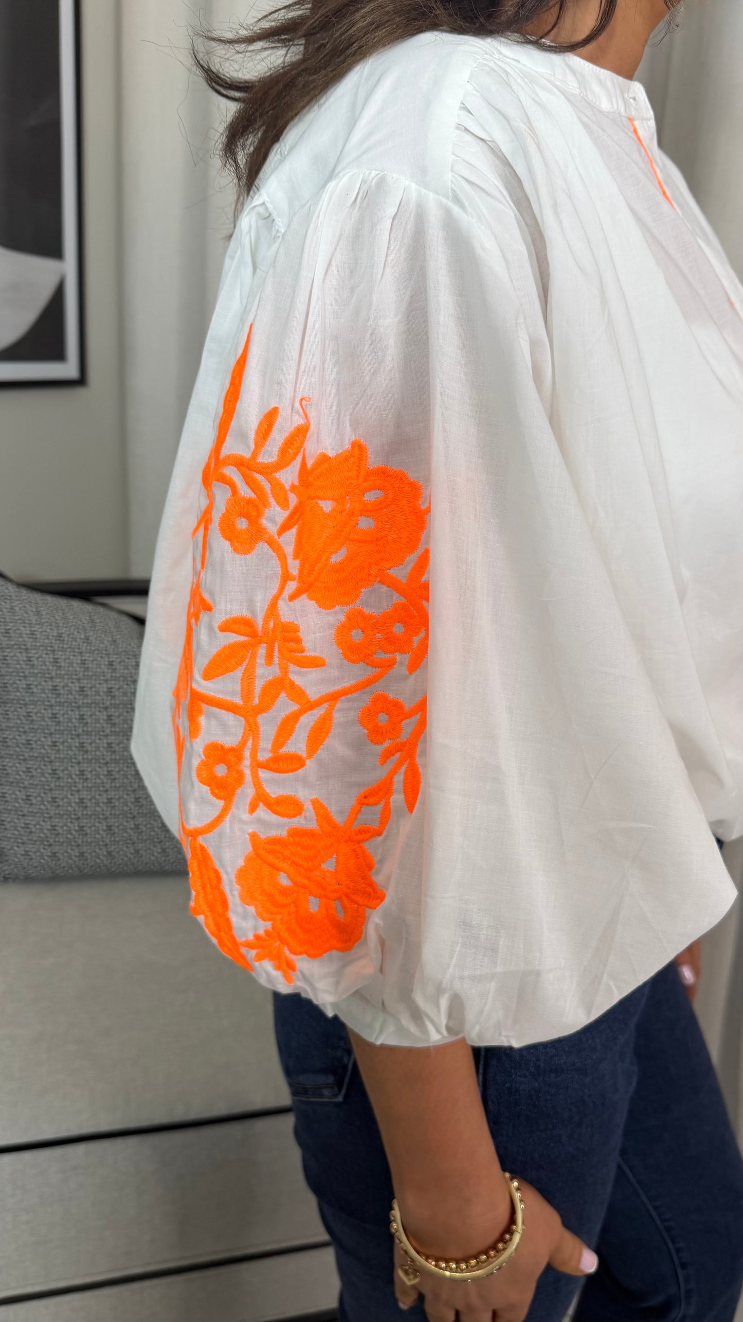 White Oversized Blouse with Orange Details