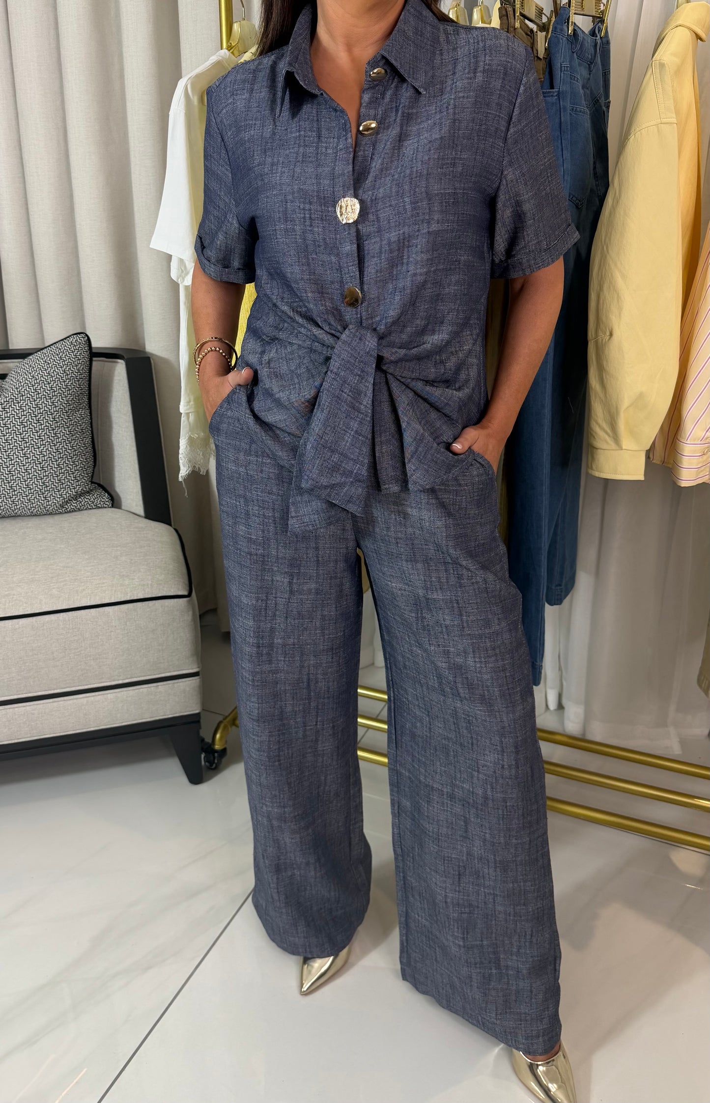 Navy Linen-Blend Trousers