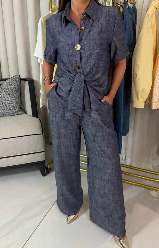 Navy Linen-Blend Trousers