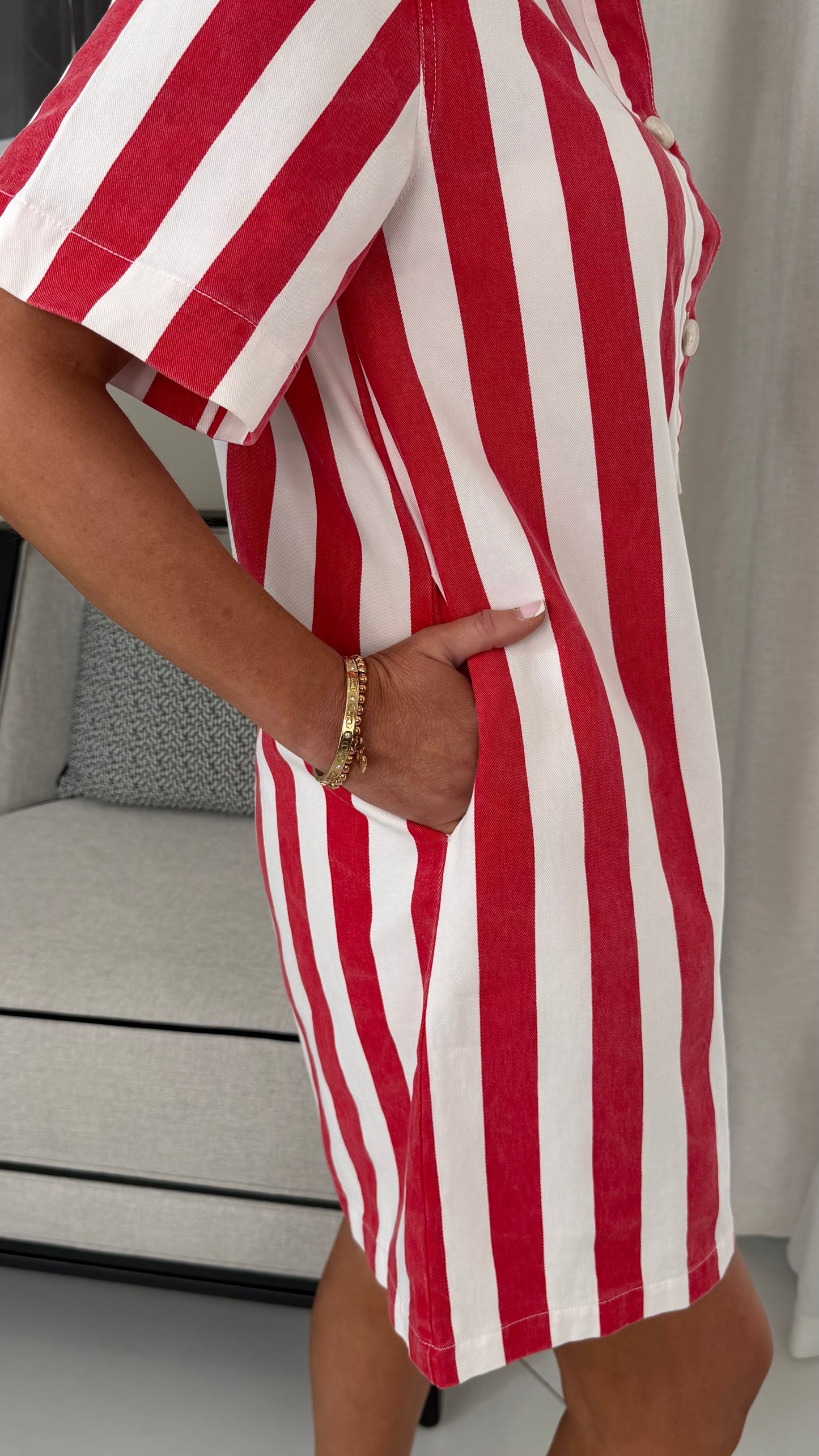 Red & White Oversized Striped Denim Dress