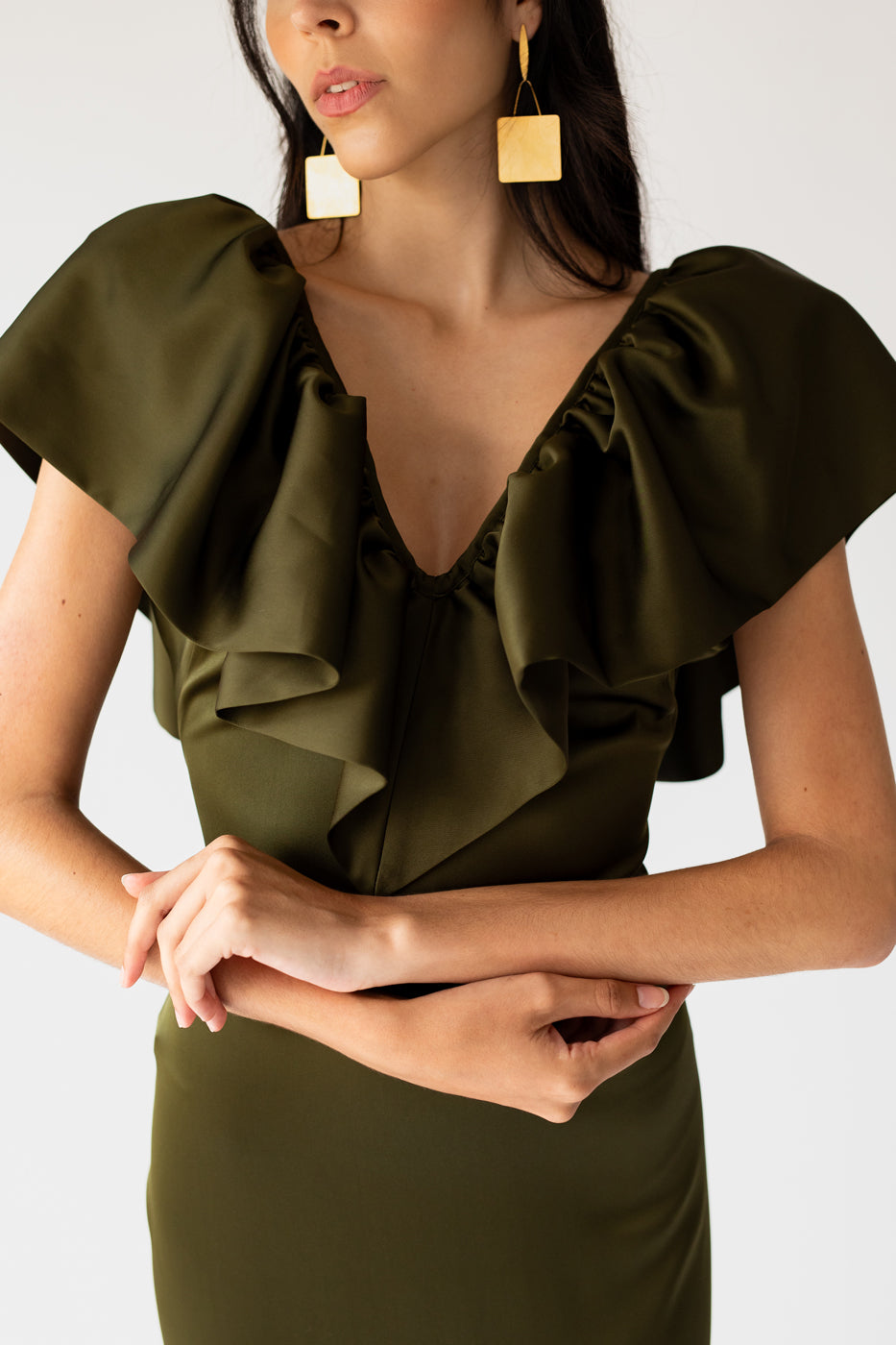 Noelle Khaki Satin Ruffle Dress