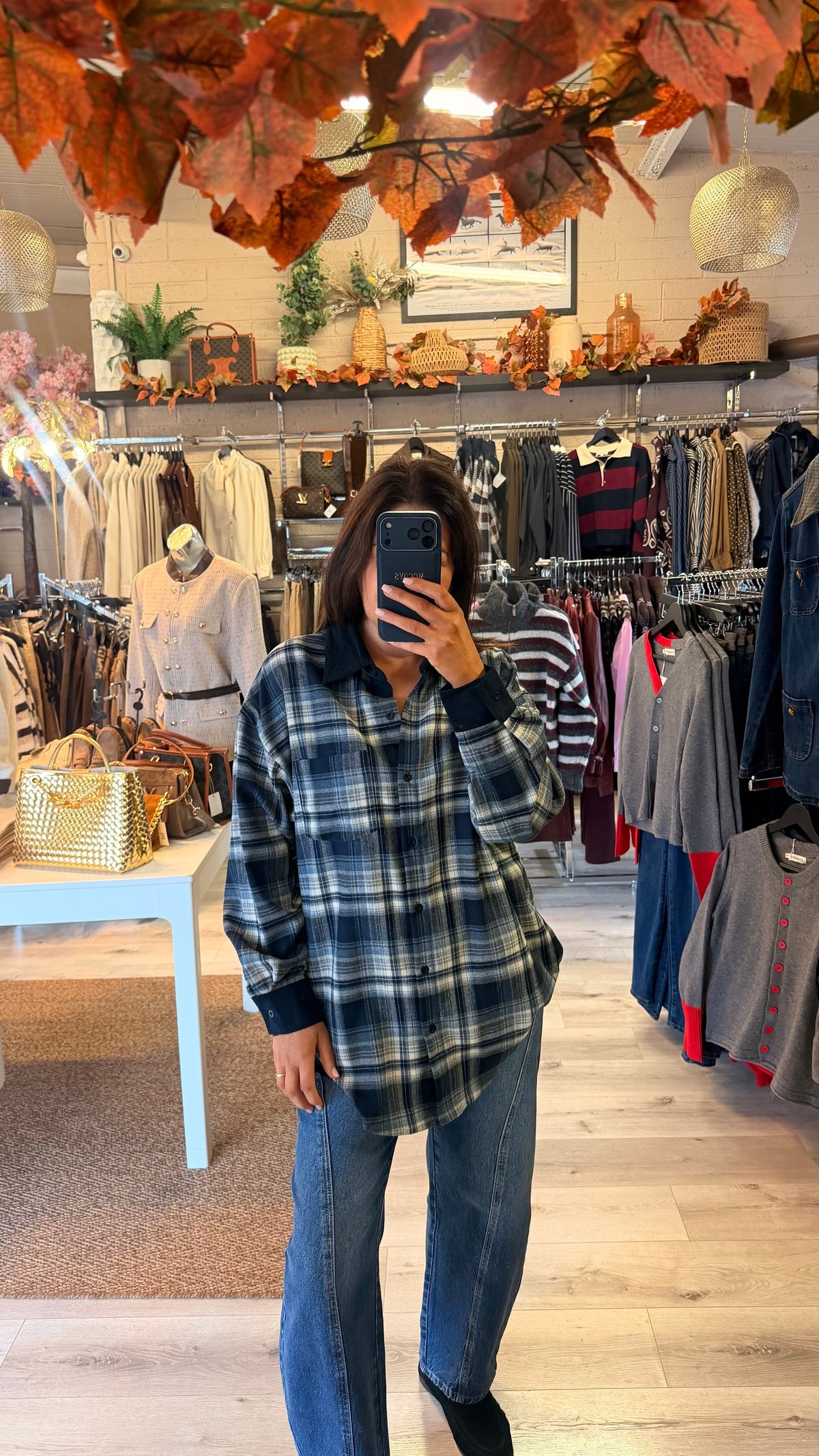 Navy Check Shirt with Corduroy Collar