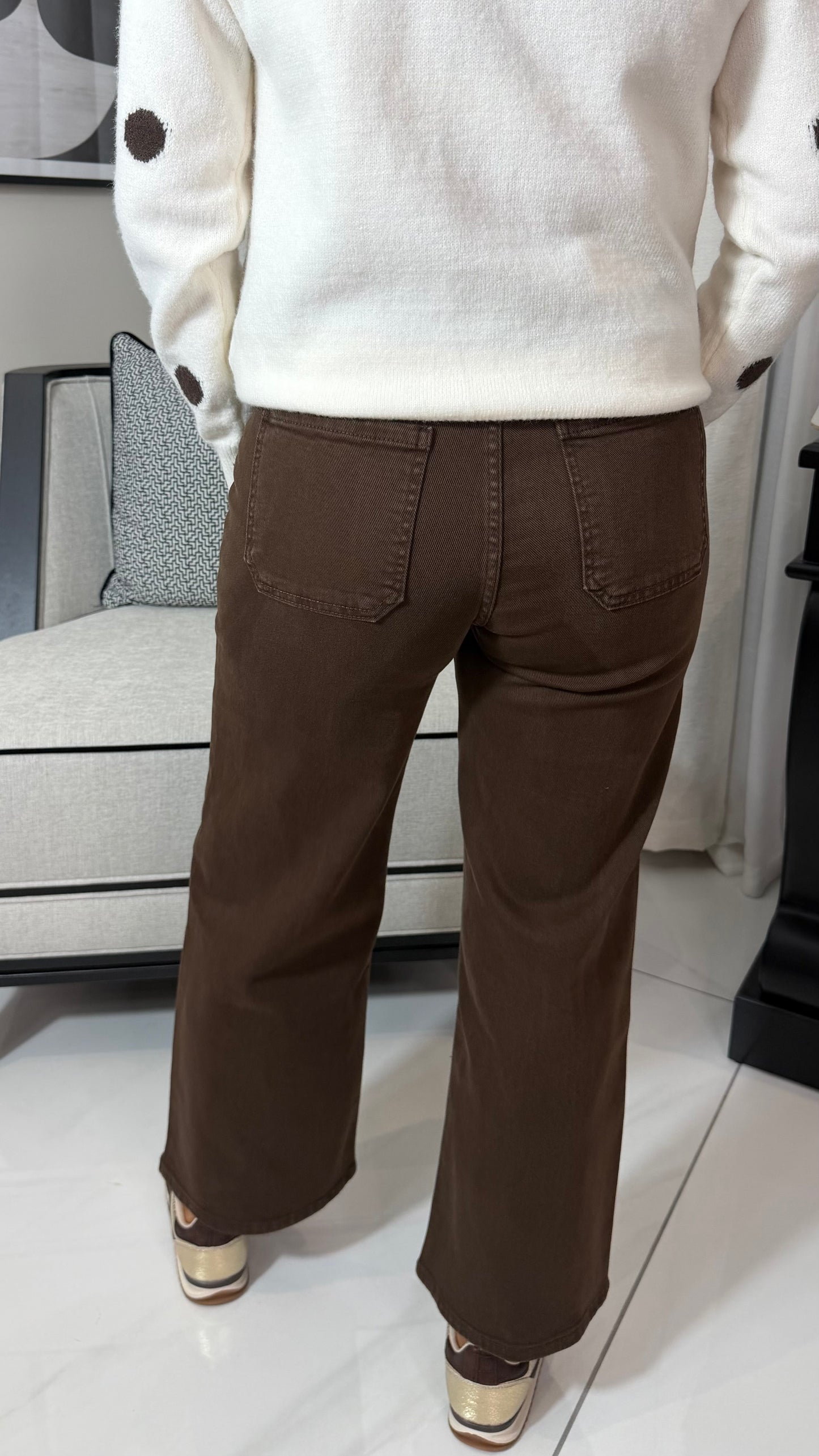 Chocolate Brown Front Seam Cropped Wide-Leg Jeans