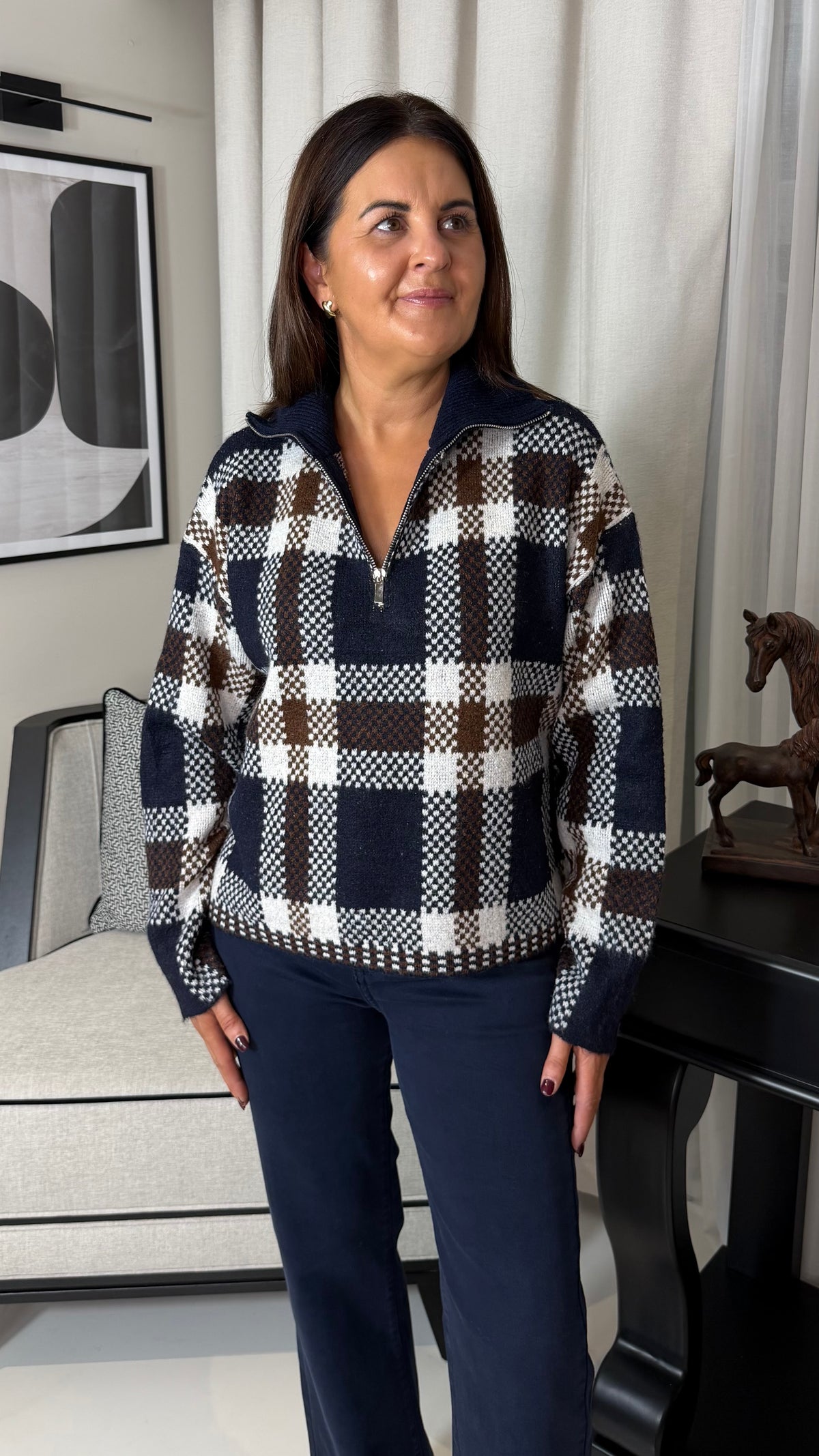 Check Half Zip Sweater
