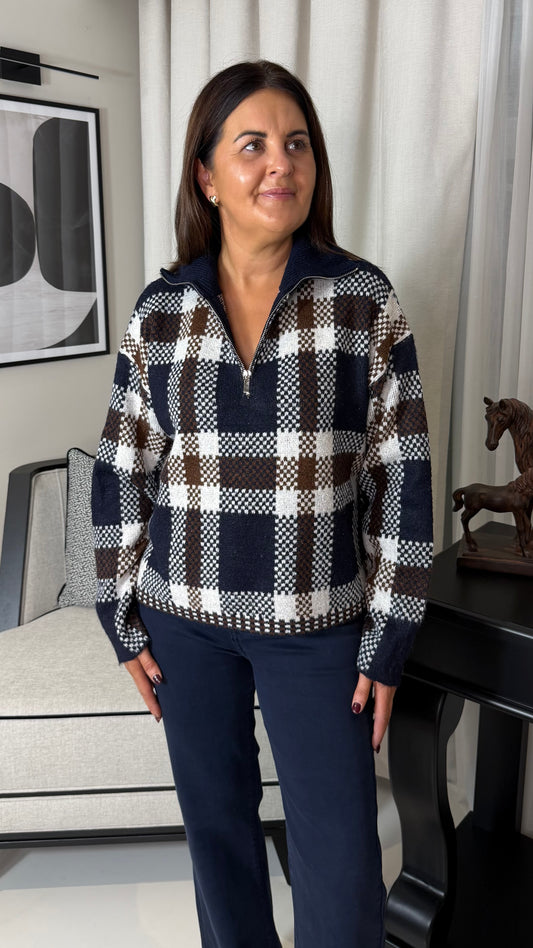 Check Half Zip Sweater