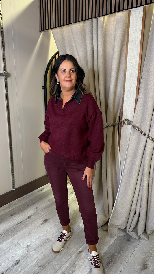 Wine Polo with Denim Collar