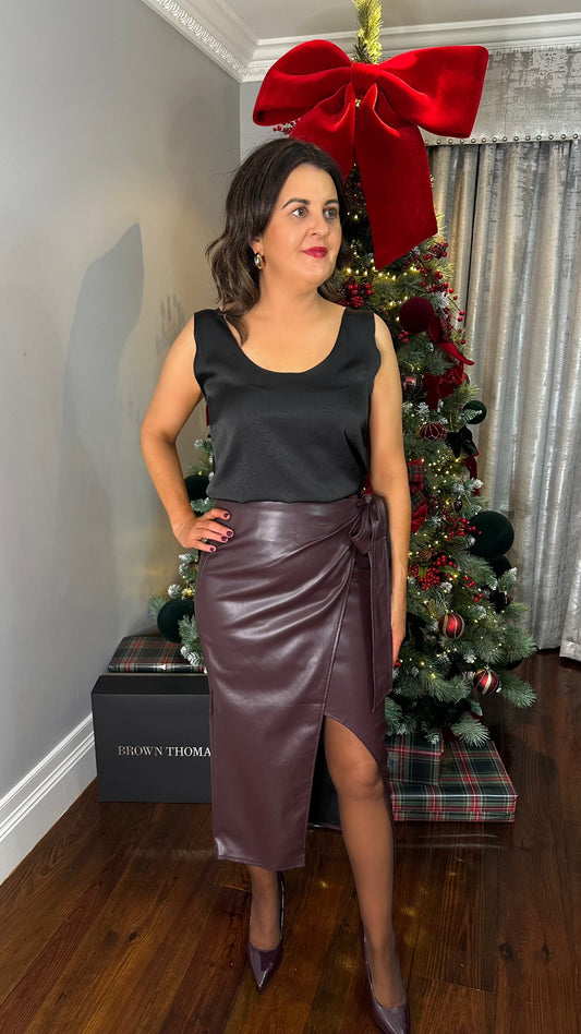 Wine Faux Leather Wrap Tie Skirt