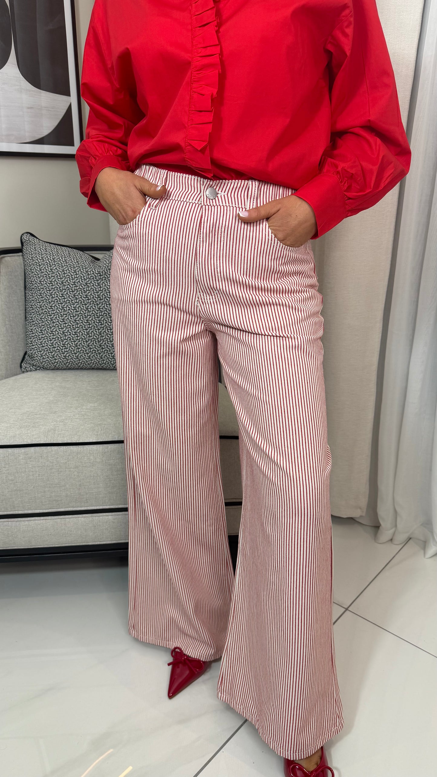 Red Pinstripe Wide-Leg Jeans