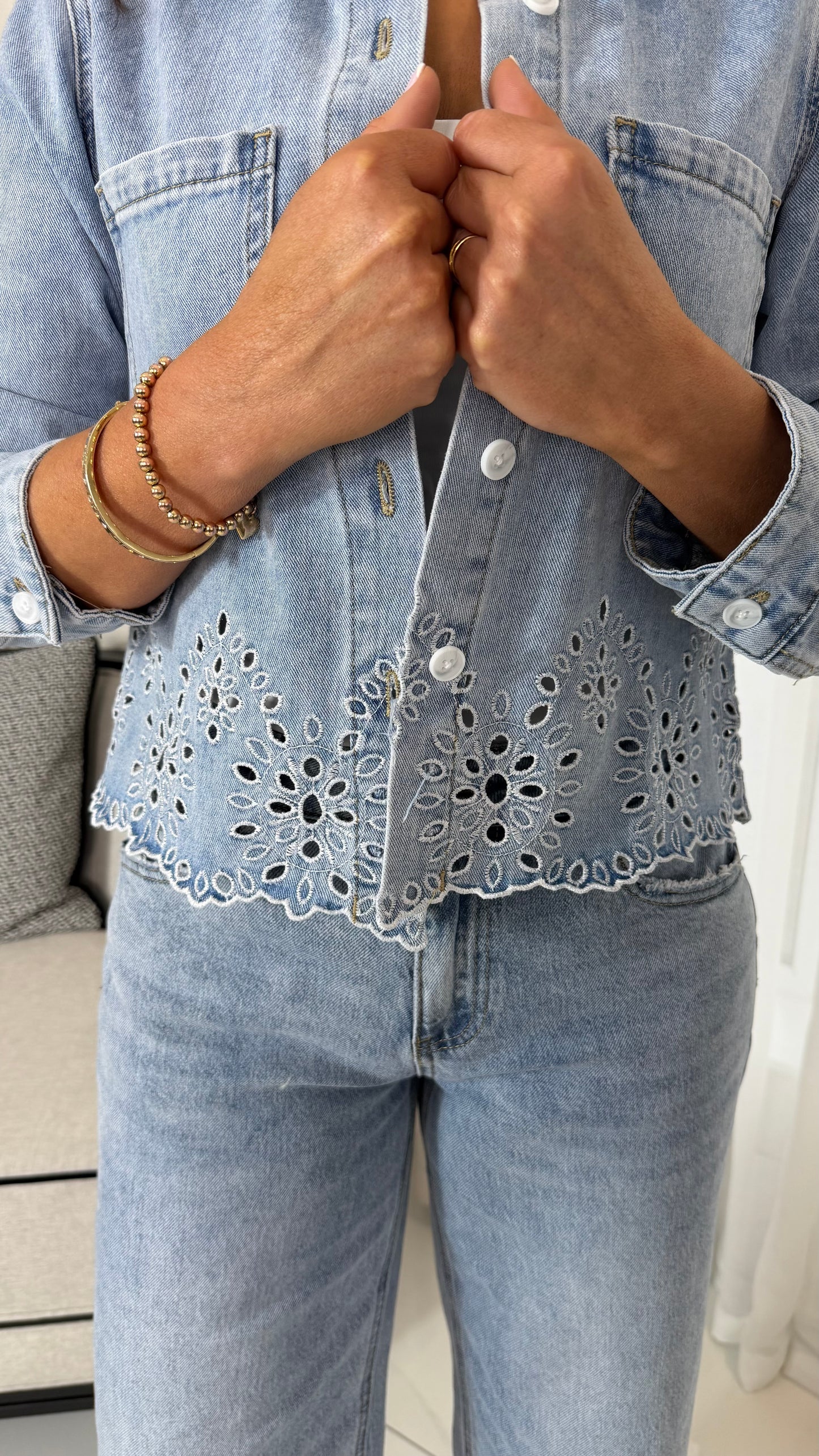 Denim Eyelet Embroidery Shirt