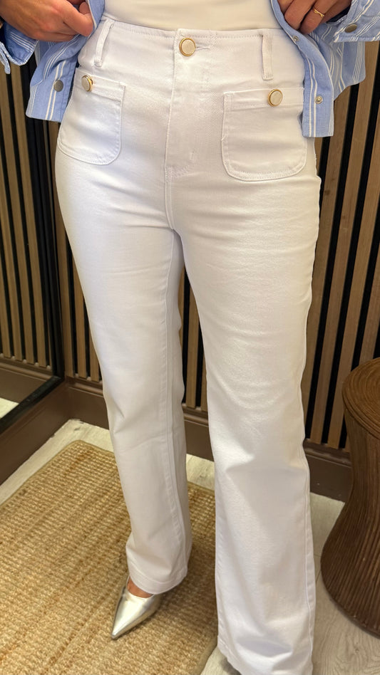 White Straight Leg Pearl Button Jeans