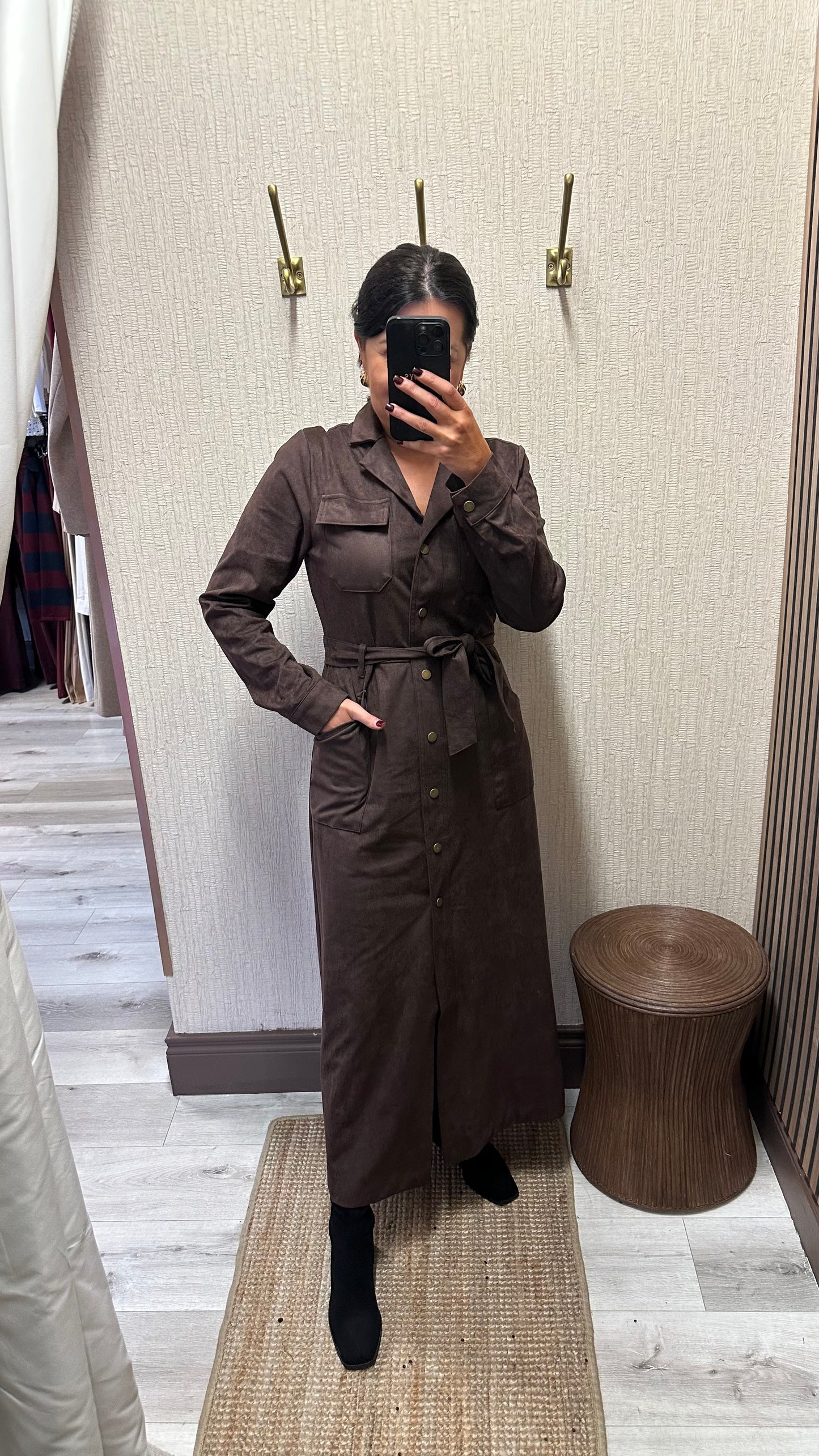 Chocolate Faux Suede Belted Dress