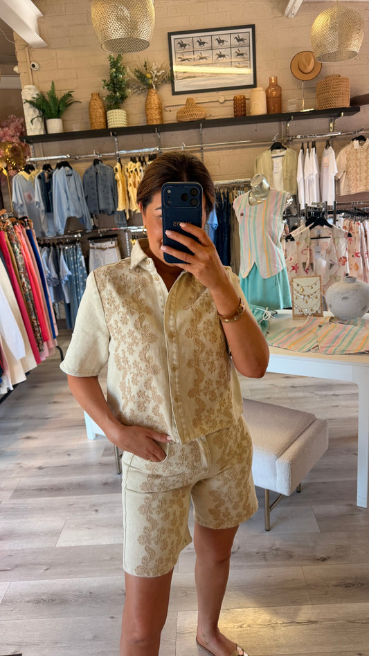 Beige Denim Embroidered Shirt