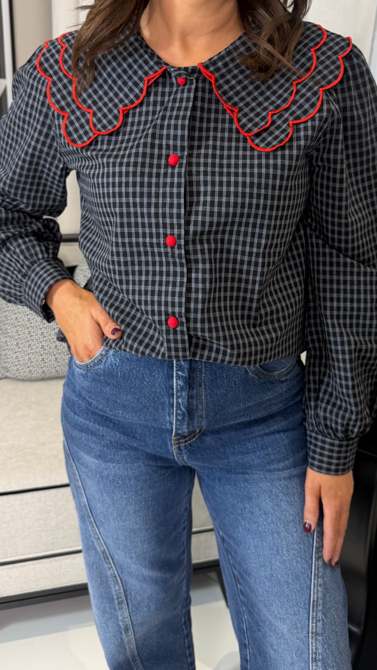 Grey Gingham Blouse with Red Trim