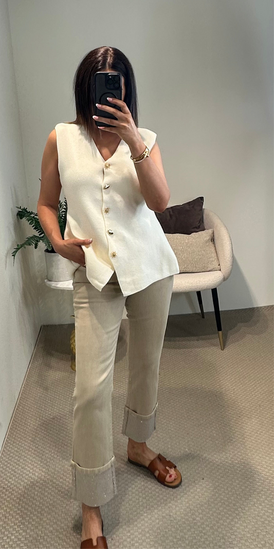 Beige Turn-Up Jeans with Diamante
