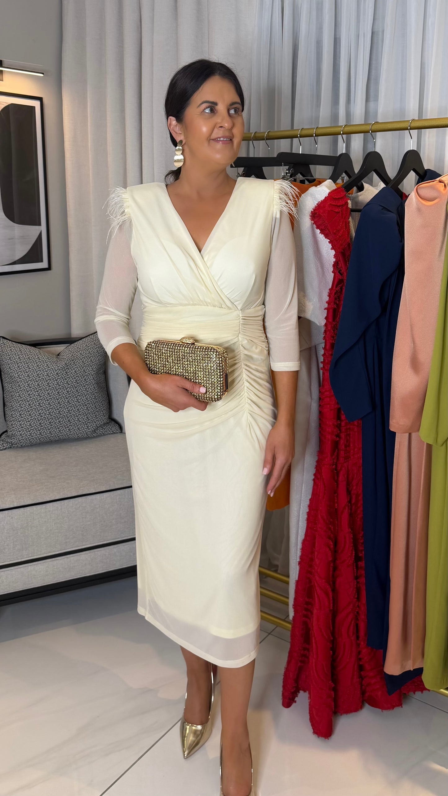 Taylor Cream Ruched Feather Dress