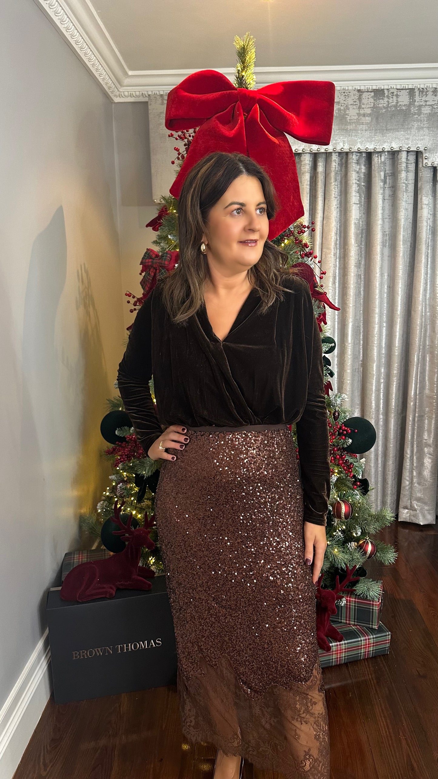 Brown Sequin Skirt with Lace Detail