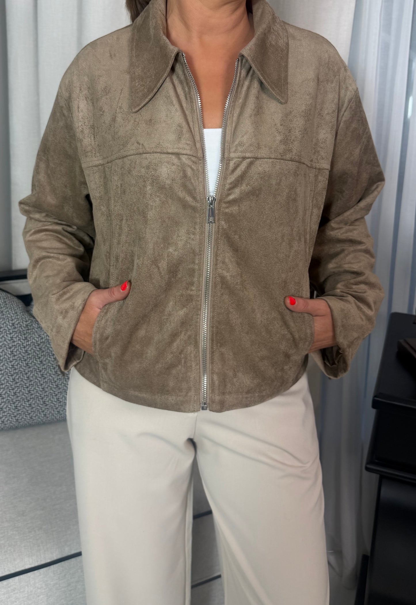 Jovi Faux Suede Fringe Jacket-Taupe