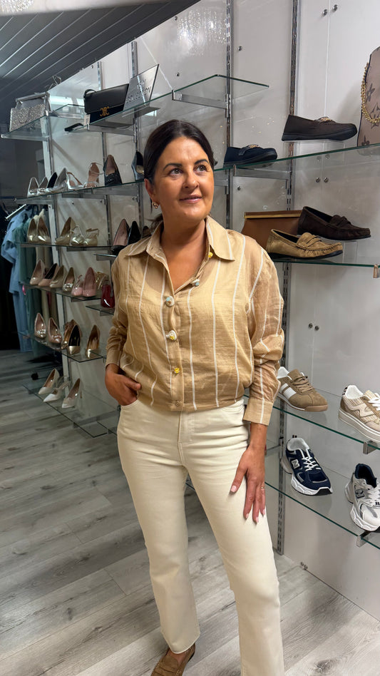 Tan & White Striped Sheer Shirt