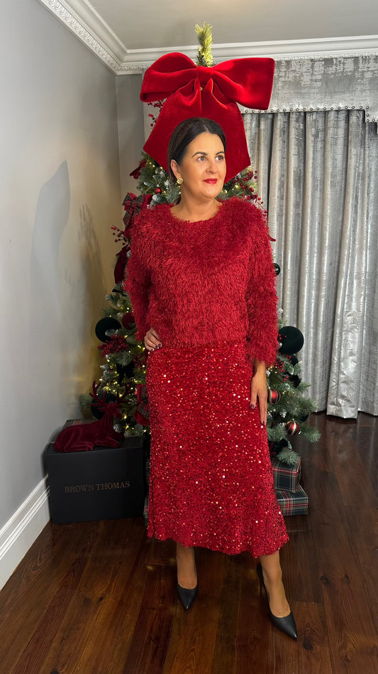 Red Sequin Midi Skirt