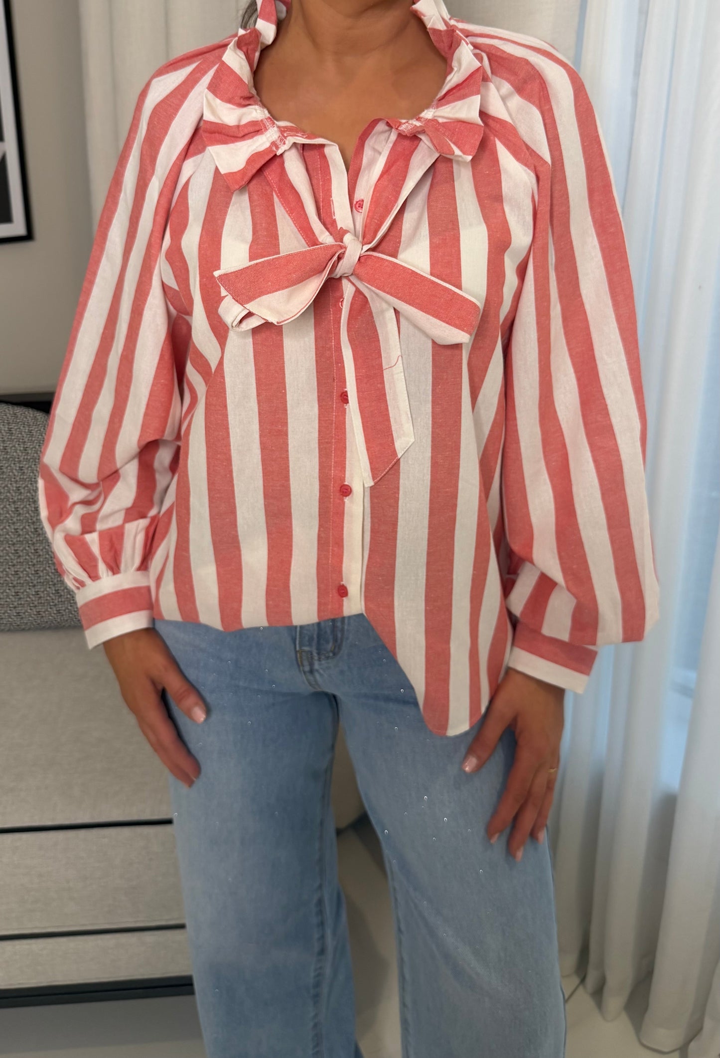Coral Striped Tie-Bow Blouse