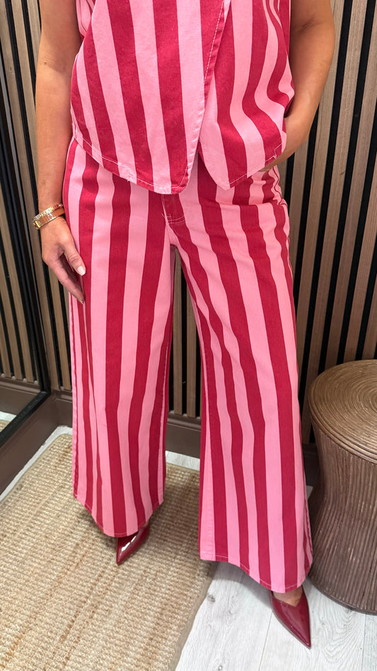 Cherry & Pink Striped Wide-Leg Jeans