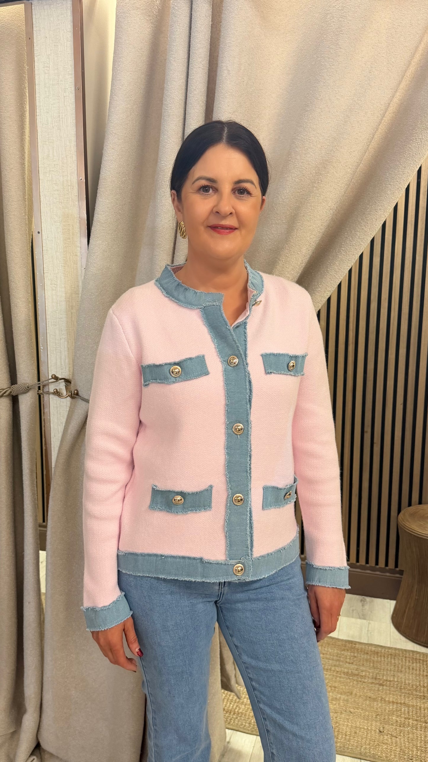Pink & Denim Trim Cardigan