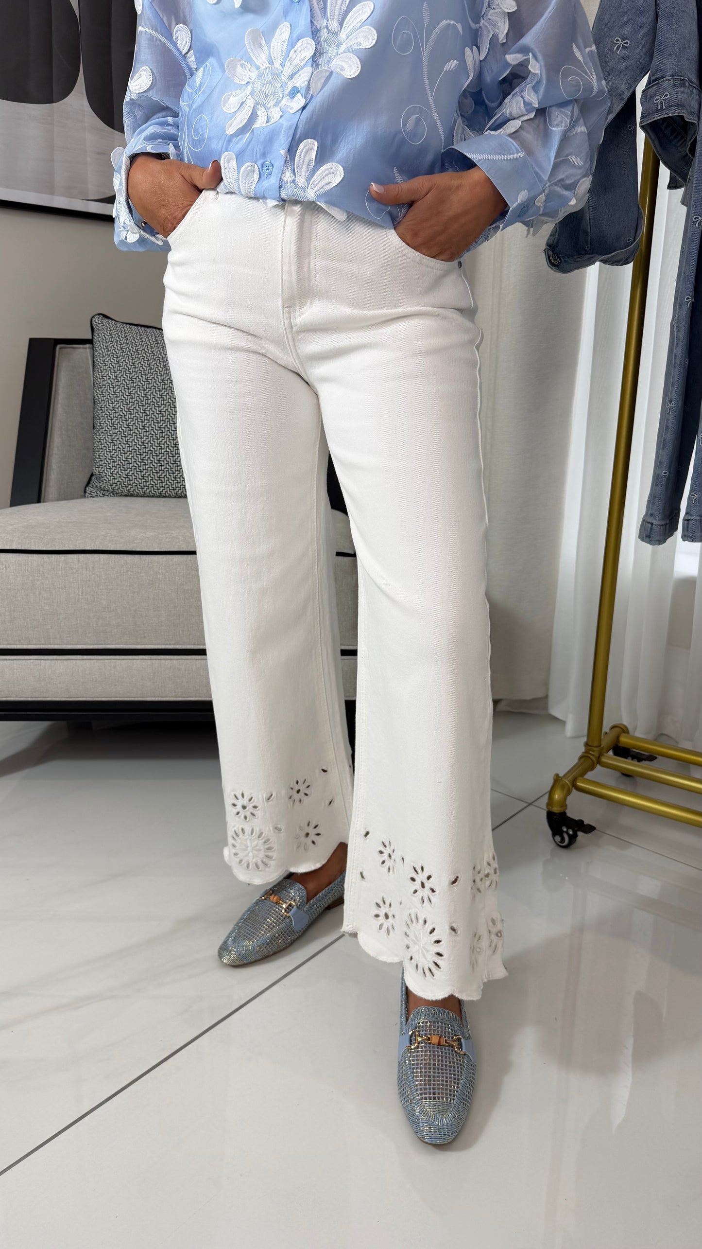 White Eyelet Embroidery Jeans
