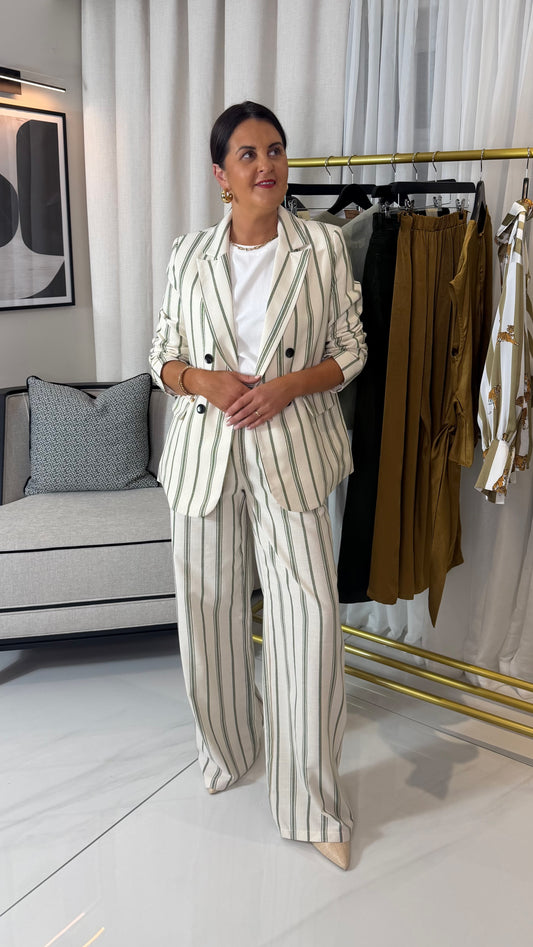 Green Striped Linen-Blend Blazer