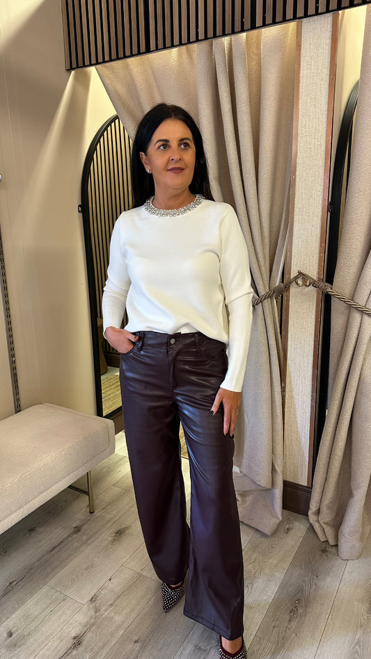 Burgundy Faux Leather Wide-Leg Trousers